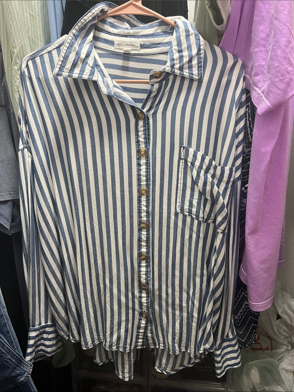 Blu Pepper  Navy and White Vertical Stripe Button-Down Shirt